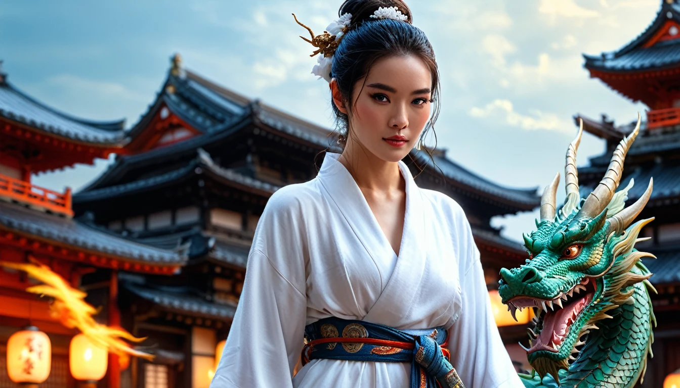 Painting of a woman in a white robe with a dragon on her side, in the background ancient city of japan, 8k best quality