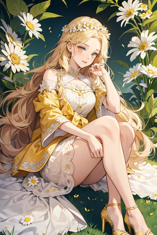Daisy Petals has long ankle length blonde hair worn in several thick curls with a daisy flower crown around her head and a vine wrapped around one of her curls adorned with daisies. Her lips and eye-shadow is dark peach, and she has very pale pink blush. She wears a leafy top trim with yellow petals to accent the daisies on top, and on her right wrist is a daisy bracelet. Her white petal skirt is in two layers with a faint gold ombre, and she wears gold heels with a daisy on the toe and around the ankles, and leaf on the sides of the foot. SPARKLE; GLITTER