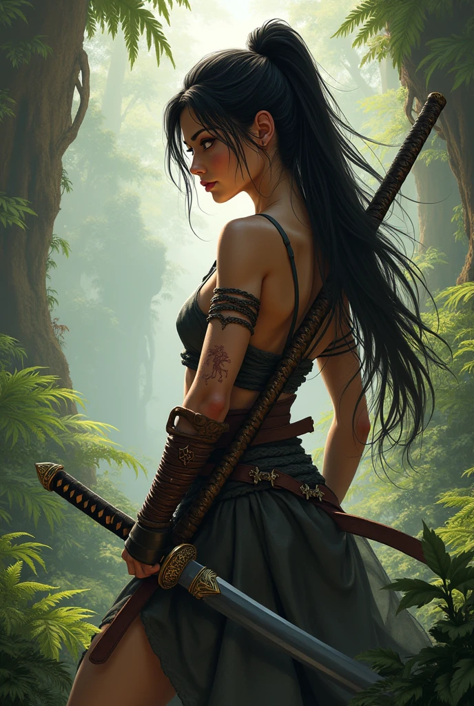 Create a 40 year old female warrior with a Katana in Pangea in fantasy.