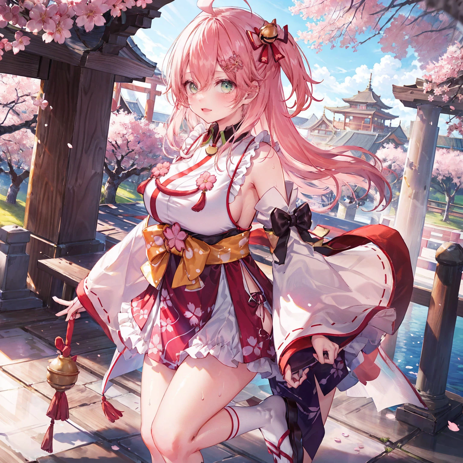 Fisheye Lens、Plump thighs、Super huge breasts、カメラeye線、Embarrassed、Sweat it out、SakuraFubuki、masterpiece, Highest quality, High resolution, Shrine maiden1, cherry blossoms_Shrine maiden, One person, big_tits, alone, Ahoge, Vatu_hair_ornament, pink_hair, Floral print, hairclip,(~ side_fewer_Clothes:1.5), (~ side_tits:1.5), hair_Bell, Floral print, length_hair, hair between eye, one ~ side up, White knee socks, asymmetrical footwear, wide sleeve, Open_mouth,(Happy:1.3),green_eye,big_smile,(rise_foot:1.3),Plump,Away_foots,(excessively_length_sleeve:1.3),),sleeve_past_hand首,hand_hidden_sleeve,~ sidelock_Clothes,dynamic_Pause,alone,hidden_hand首,(LOL:1.4),Covered_Nipples,sunlight,Cherry Blossom_background,