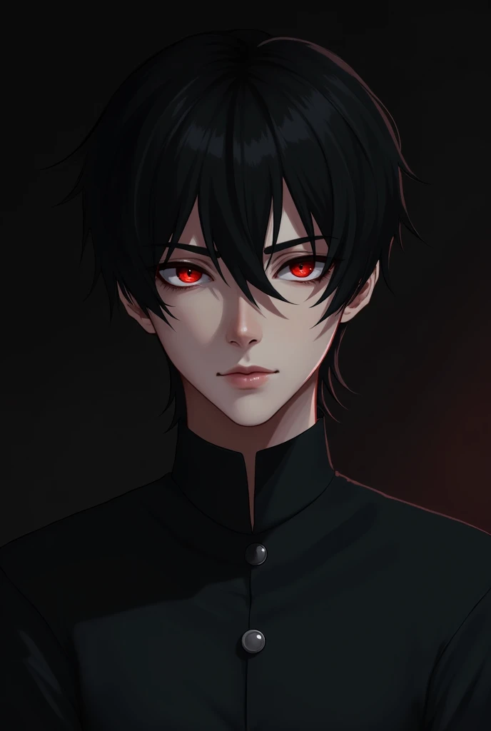 1boy, black hair, red eyes, dark background, Dim lighting, masterpiece 