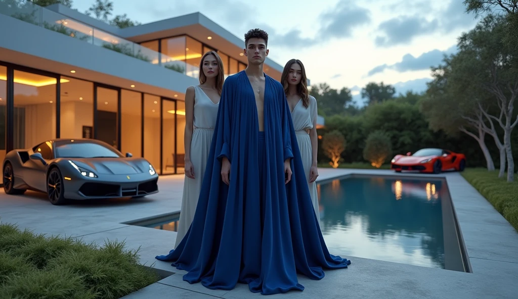 "A young male wizard, dressed in a deep blue robe, standing confidently with a powerful aura. He is surrounded by two beautiful women wearing minimalistic, stylish outfits that emphasize luxury. In the background, there is a modern mansion with sleek architecture, large glass windows, and an infinity pool. Parked near the house are luxury sports cars, like a Ferrari and Lamborghini, reflecting a lifestyle of wealth and abundance. The scene exudes an atmosphere of prosperity, magic, and control over material wealth