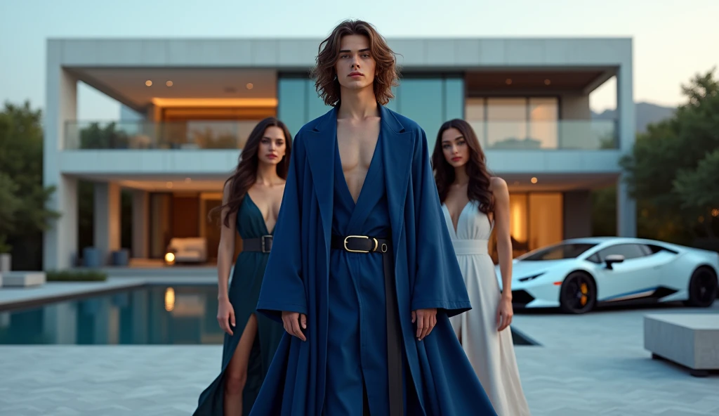 "A young male wizard, dressed in a deep blue robe, standing confidently with a powerful aura. He is surrounded by two beautiful women wearing minimalistic, stylish outfits that emphasize luxury. In the background, there is a modern mansion with sleek architecture, large glass windows, and an infinity pool. Parked near the house are luxury sports cars, like a Ferrari and Lamborghini, reflecting a lifestyle of wealth and abundance. The scene exudes an atmosphere of prosperity, magic, and control over material wealth