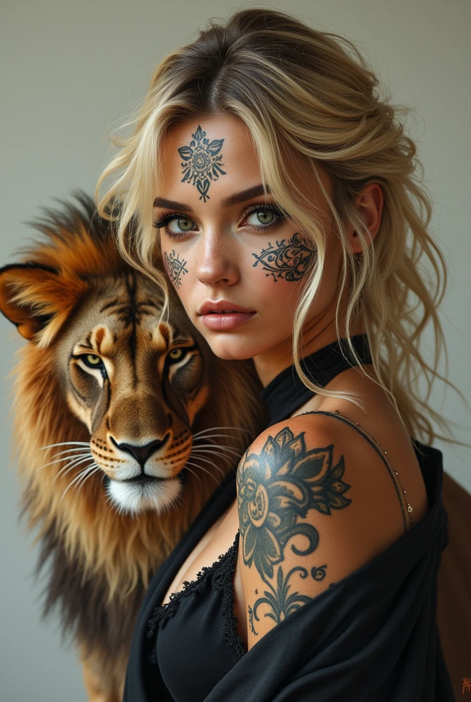 A blonde beauty with Chicano tattoos on her face and a lion 