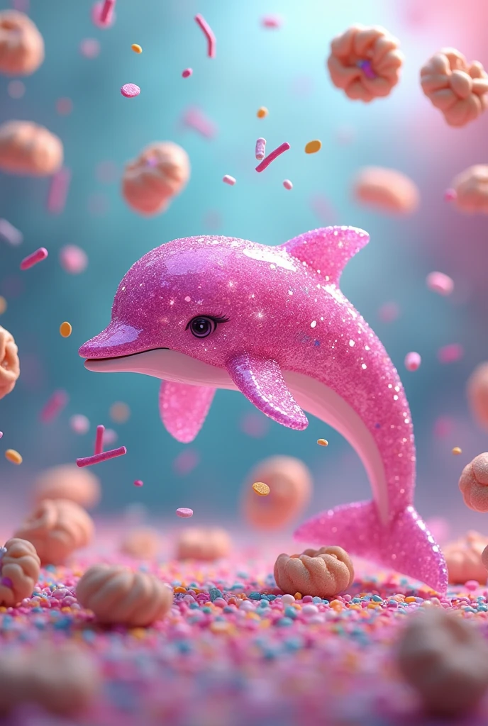 A pink gem dolphin with a colorful sprinkle cookie and that is animated