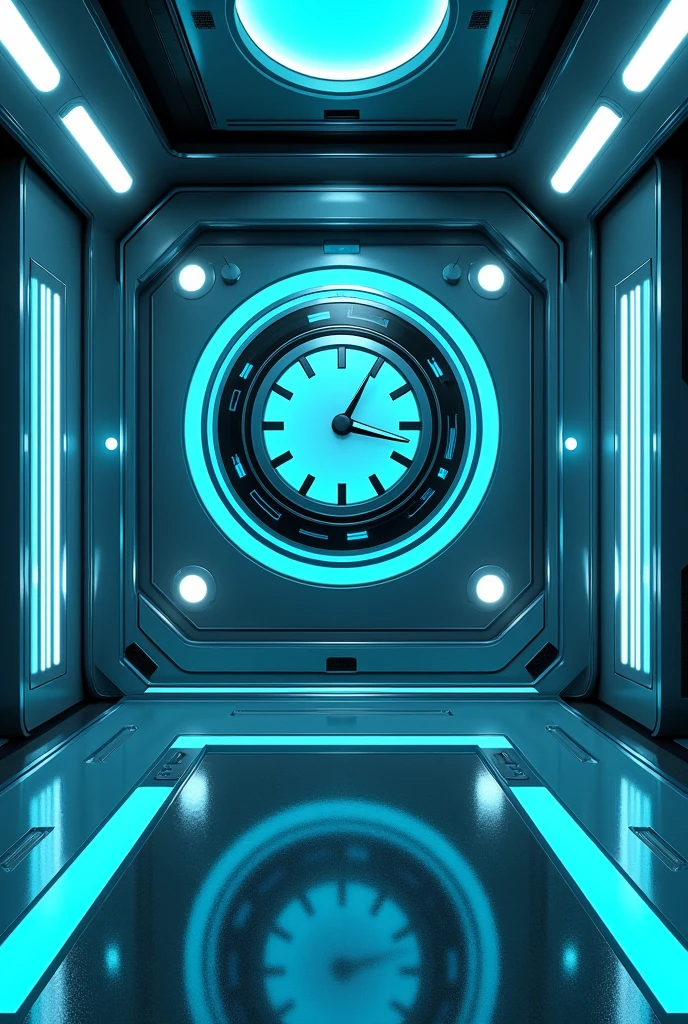 Create an art of a place, with a clock on the middle of the wall and around the clock several different shaped circles in the middle of them blue, the room looks like siber punck, and it looks like this is in a futuristic world