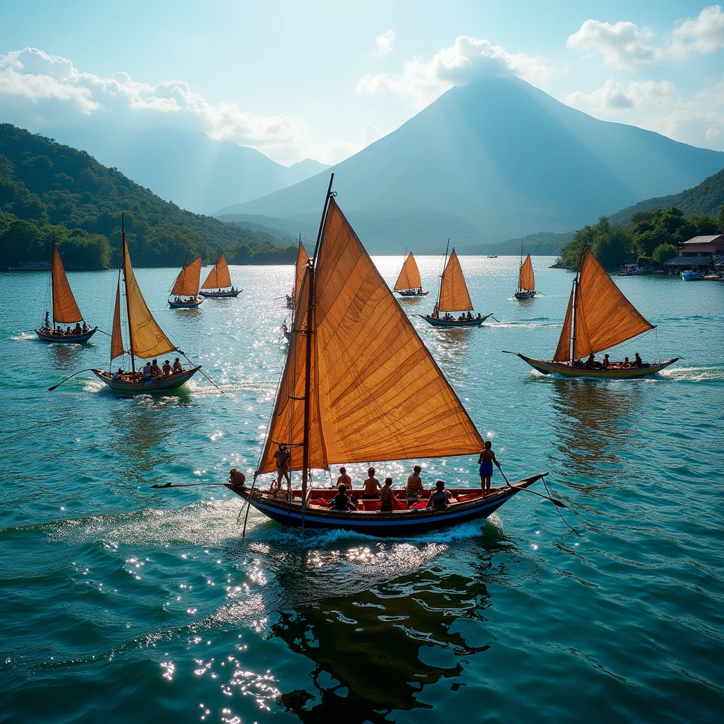 Courses de voiliers traditionnelle maya sur le lac atitlan vue en drone