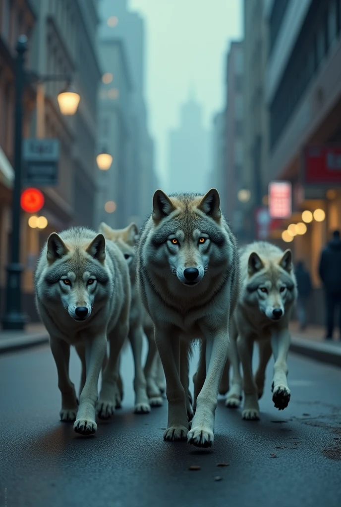 Pack in the city on a peripheral street, with alpha wolf leading, twilight wolves style