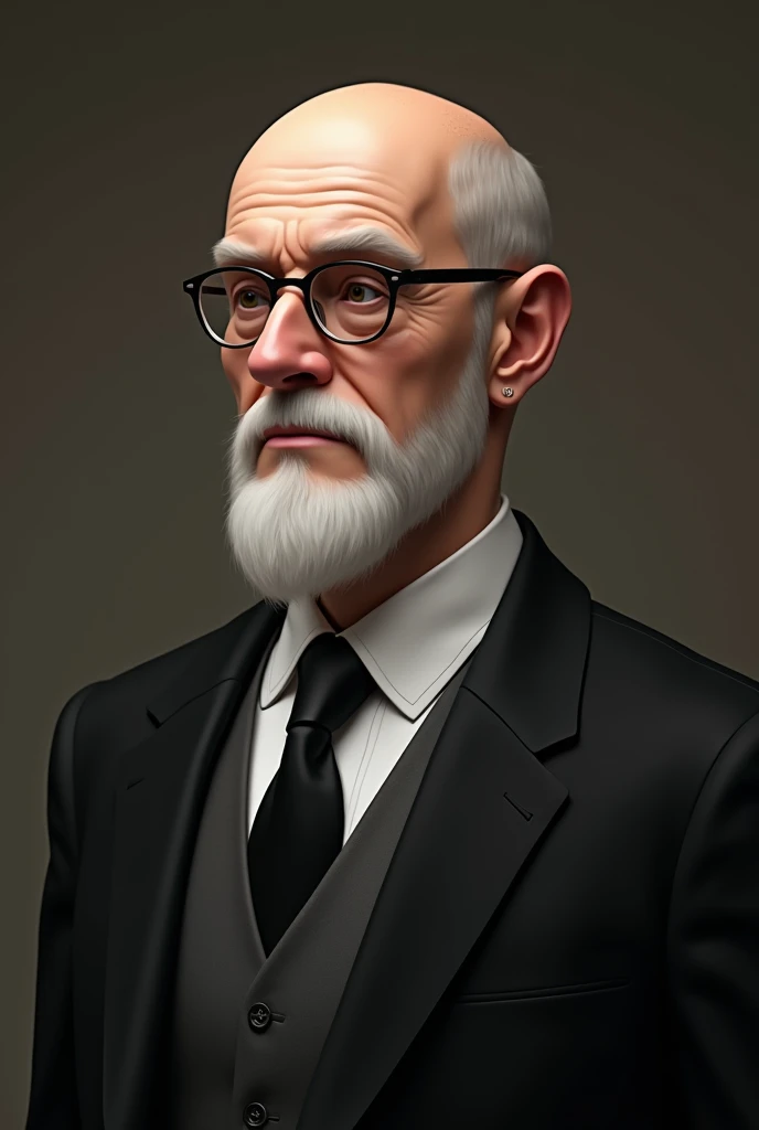 Caucasian man , offwhite , convex nose, white beard , bald shaved head , round glasses dark lenses thin lips t-shirt black suit gray shirt black tie 