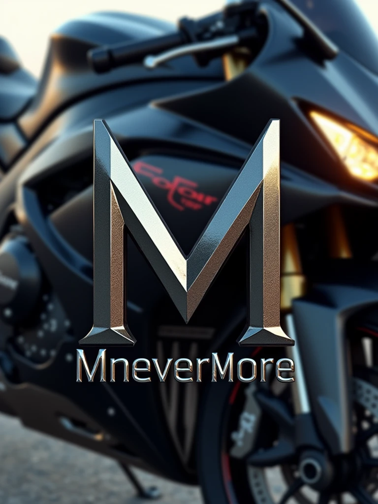 logo "MneverMore" stylish letter logo front, background  realistic with SUZUKI GSX-S1000