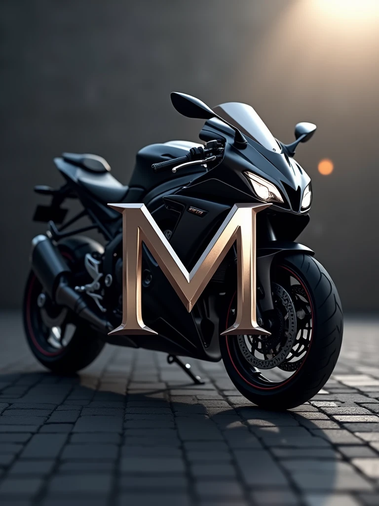 logo "MneverMore" stylish letter logo front, background realistic with SUZUKI GSX-S1000