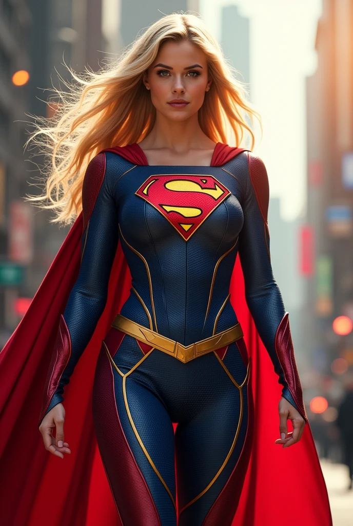 La hija de flash y supergirl, adult, with a fused suit of both superheroes, and with a cape, blonde... Con traje de flash y supergirl fusionados, and merged emblem of lightning and the "s"






