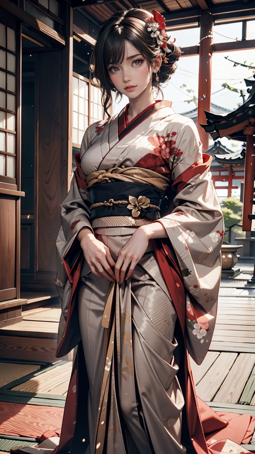 Highly detailed full-body portrait of a geisha. 8k, Octane Rendering, Intricate Hyper-Detail, Symmetric、Kyoto、Pontocho