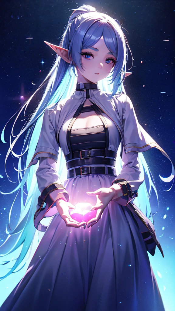 1 person, 20-year-old girl, One person, (Silver Hair), Long pointed ears、Elf、(Gradient sky blue hair tip:1.6), hair, Ridiculously long hair, Single Side Lock, Wavy Hair, Shine髪, Floating Hair, (Fantastic deep purple eyes), Delicate eyes, Aqua Eye, Very fine eye, Long upper eyelashes, ((Glowing Eyes)), compensate, Focus on the face, Highly detailed facial, Pretty face, Perfect breasts, Hot body, (Delicate skin texture:1.2), break, White extra long skirt, Fashion Clothing, necklace, Technical clothing masterpiece, on the road, Gazing at the starry sky, meteor, cyber punk, Detailed Background, The perfect layered cut, clean focus, (magazine:1.3), (Cover Style:1.3), Octane Rendering, Tyndall effect, Real, Dark studio, Side light, 2-color illumination, realism, Chiaroscuro, (Shine光), Shine, Ray Tracing, Cinema Lighting, Futurism, Motion Blur, Atmospheric perspective, Depth of written boundary, Bokeh, Highest quality, 超High resolution, Super Detail, masterpiece, High resolution, Accurate, retina, Anatomically correct
