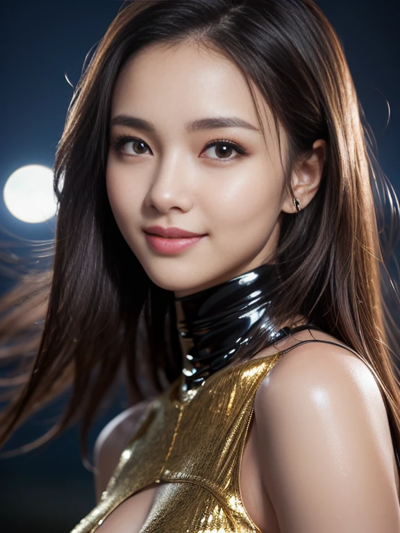 Latex bodysuit、Knee-high boots、Huge 、Long brown hair、Shiny, Oily skin、Glowing Skin、Indoor competition pool、White skin、 Body Portrait, 8k, Narrow and beautiful eyes, Dindal effect, masterpiece, 最high quality, high quality, High resolution, Very detailed photos, (Natural skin texture, Fine skin, Hyperrealism, Ultra Sharpness) , Skin with attention to detail, (Very fine, Fine skin texture, Intricate details, Beautiful Face, (A vivid face), Realistic eyes, Beautiful and detailed, Realistic Skin, Beautiful Skin, surreal, Very detailed, Golden Ratio, Smiling Eyes, ((Night moonlight background)), Body Portrait, glamorous, Shiny Bodysuit