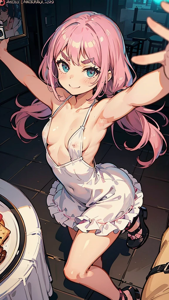 Girl with pink hair, long double-tailed hairstyle, ((small pink bushy eyebrows)), wearing ta clothing, marked vagina, loli(Zankuro) drawing style by zankuro artist, Zancro style, image uploaded to R34, flirty smile , ((showing the pubes)) in a restaurant, facing the camera, camera from above, looking with a very flirtatious face, with her breasts out, inviting to have sex with her legs open, stretching her hands to be taken in her arms