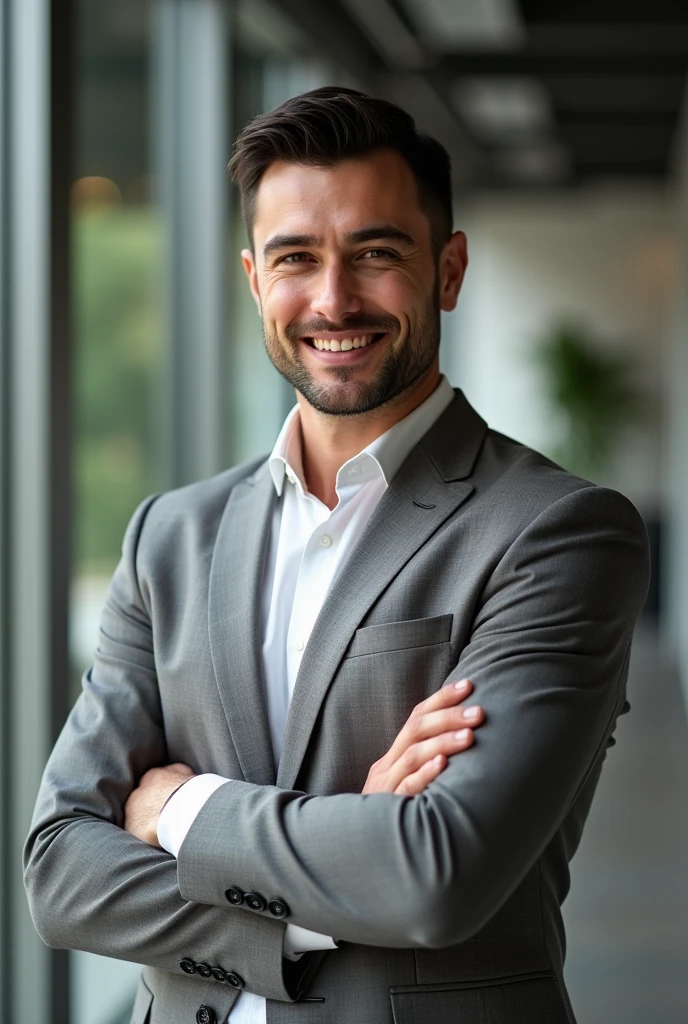 give me an inviting image of a businessman in a suit, attractive and receptive with arms crossed and a slightly serious face