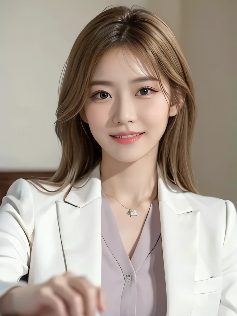 (8,000; Best Quality: 1.2), (Realistic, Realistic: 1.2), Lovely, Solo, Sky is Beautiful and Clear, Night, Moisture, Watching the Audience, (Sit: 1.6) Date, Mirai, (Nose Brush), (Smile: 1.15), Delicate eye (Deep Blonde: 1), Floating Hair Nova FrogStyle, White Suit Jacket, Burton T-shirt, Beige Pleats Skirt, Makeup, Lover's Smile, 40 years old, Beautiful (8,000, Yes, RAW Photo: 1.2, Random body orientation,