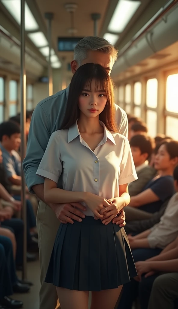 ((Highest quality, 8k, RAW Photos, masterpiece :1.3)), (Realistic、Realistic:1.37)、Very detailed、Ultra-high resolution, (Professional Lighting), ((From above:1.2)),((Full body photo)),Small breasts、Perfect Face、Beautiful expression、Beautiful Face、Beautiful Eyes、18 year old high school girl、Real beautiful girl、Beautiful black hair、(No bra、Schoolgirl uniform、Button-down shirt:1.2、Off the shoulder、Mini Pleated Skirt)、(Inside a crowded train with sunlight streaming in、Beautiful girl standing in front of the train door、A chubby middle-aged Japanese man hugs a high school girl from behind on a train)、((((A middle-aged man standing behind a woman、The man reaches out his right hand and touches the woman's breast.:1.3、The man's left hand is touching the high school girl's private parts with his fingers.:1.2、Button-down shirt:1.2))))、caress、Expressions of fear、Blushing、The man has a vulgar look、Man hugging