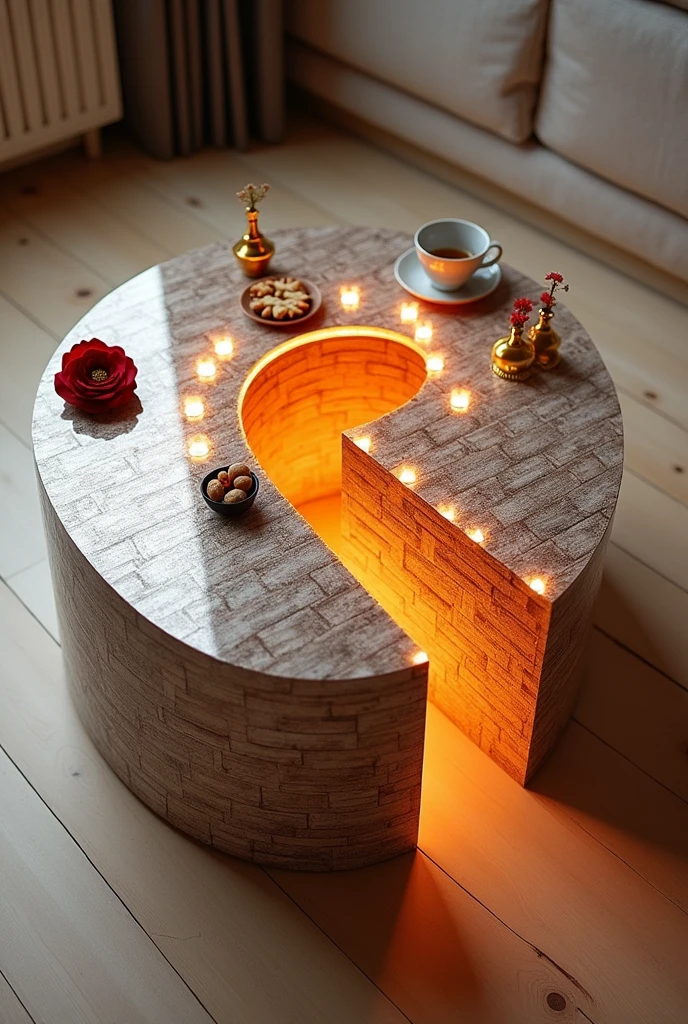 Small square coffee table handcrafted, featuring a two-way mirrored glass top that creates a visual effect of a stunning tunnel-like, endless deep well inside, lit from the inside by warm orange LED lighting. The sides are covered with brick wallpaper that simulates the look of 3D textured wallpaper.. The table is decorated with simple decorations such as golden pedestals, small flowers, a cake and nuts, and contains a red rose and a tea cup. . The table is placed on a light-colored wooden floor.. The table design combines simplicity and elegance with a touch of modernity, making it a distinctive piece of art in any room or living room.