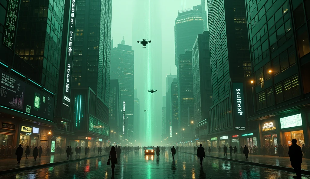 Highest quality, Realistic, High resolution, Ultra-detailed, Matrix Movie Architecture, Futuristic cityscape, Cyberpunk Style, Holographic Advertising, Neon Light, Towering Skyscrapers, A waterfall of digital rain, Glass and steel structure, bustling street, Flying vehicles, Virtual Reality Simulation, Elegant and minimalist design, Black and green color scheme, Buildings controlled by artificial intelligence, Surveillance camera, Underground tunnels, Dark Alley, Robot Agent, Drone, Matrix Code Transmission Bill, Post-apocalyptic atmosphere, Rebel Hideout, Hidden entrance, Twisted reality, glitch effect, reflection on glass surface, 神秘的で非Realisticな雰囲気, Somber Beauty, Dark and menacing tone, Submerged 3D environment, Infinity Skyline, Advanced Technology, Dystopian society.
