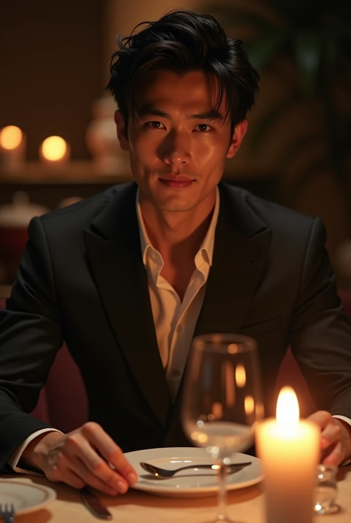 photorealistic, best quality, masterpiece, extremely detailed, masculine, sexy, homoerotic, extremely handsome, 30 year old japanese man, muscular build, big smile, looking directly at camera, stylish smart attire, setting the table, candlelit dinner, in dining room, at midnight, cinematic shadows, extremely romantic atmosphere, perfect face, perfect fingers, perfect hands, perfection