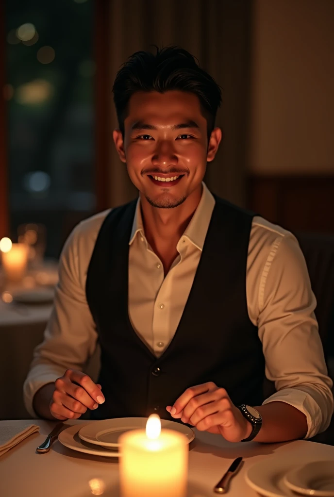 photorealistic, best quality, masterpiece, extremely detailed, masculine, sexy, homoerotic, extremely handsome, 30 year old japanese man, muscular build, big smile, looking directly at camera, stylish smart attire, setting the table, candlelit dinner, in dining room, at midnight, cinematic shadows, extremely romantic atmosphere, perfect face, perfect fingers, perfect hands, perfection