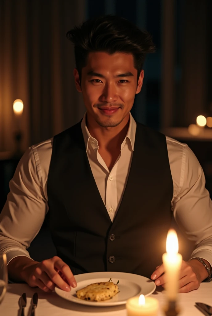 photorealistic, best quality, masterpiece, extremely detailed, masculine, sexy, homoerotic, extremely handsome, 30 year old japanese man, muscular build, big smile, looking directly at camera, stylish smart attire, setting the table, candlelit dinner, in dining room, at midnight, cinematic shadows, extremely romantic atmosphere, perfect face, perfect fingers, perfect hands, perfection