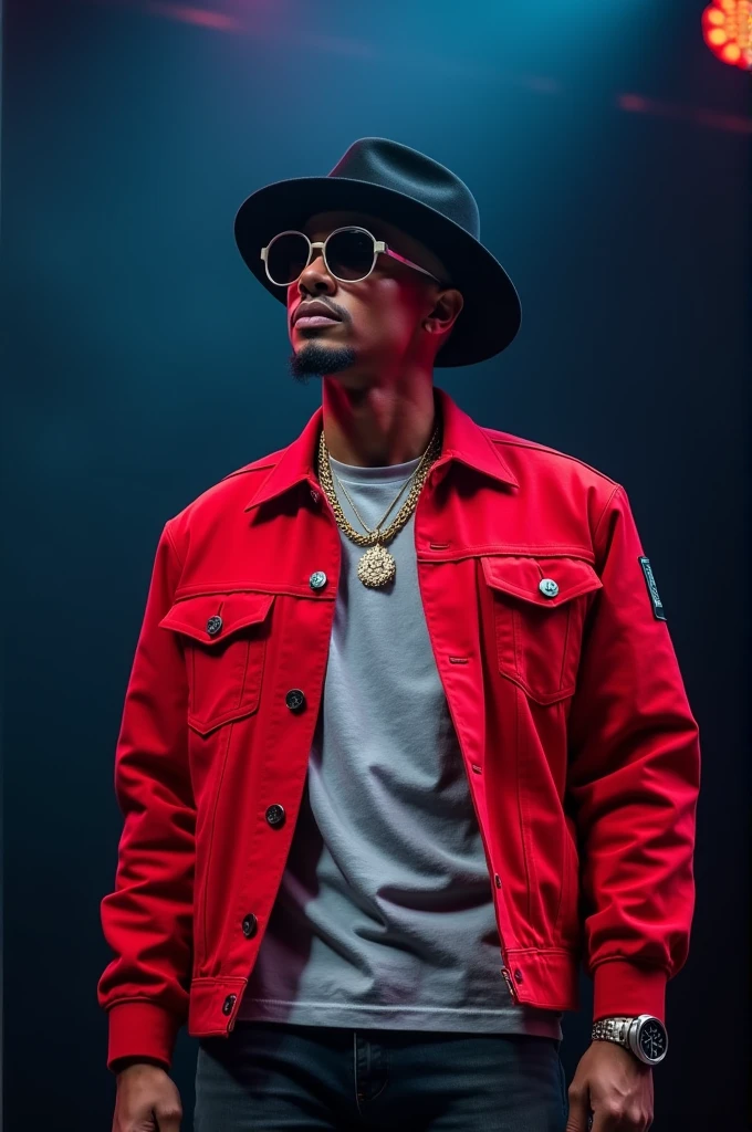 Light skinned singer wearing a grey t-shirt with a red jacket with a hat and sunglasses