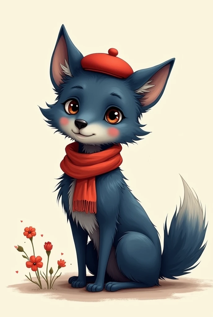 Create a wolf character, tender, drawing style, with a painter&#39;s beret and a red scarf, The wolf is dark blue with white.