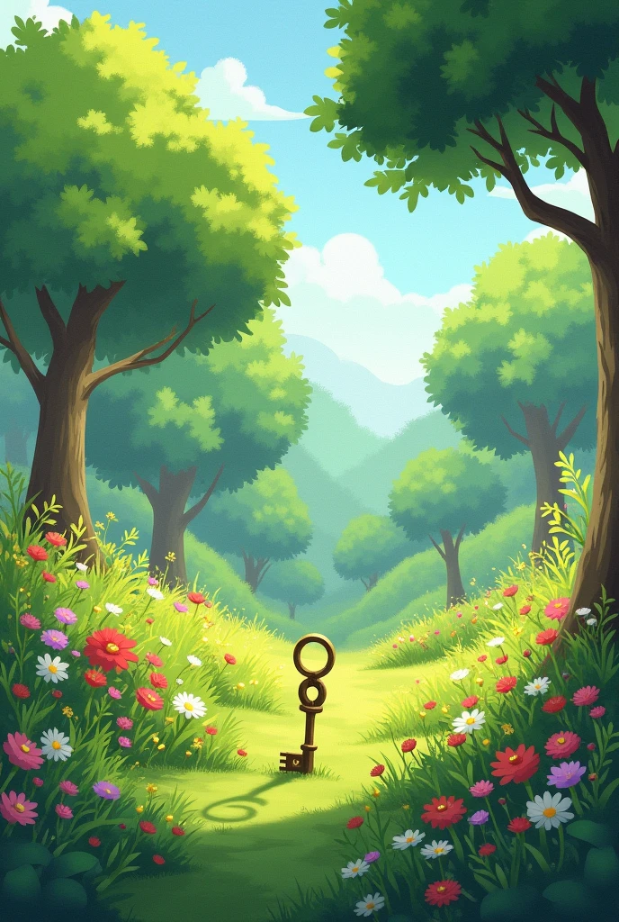 The surroundings are covered with trees and flowers are blooming. On that road, a key is stuck in the ground. A relaxed illustration of nature. A little cute key.