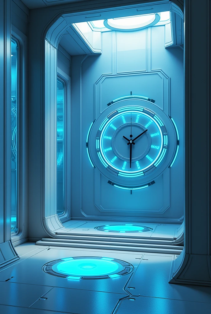 Create an art of a place, with a clock on the middle of the wall and around the clock several different shaped circles in the middle of them blue, the room looks like siber punck, and it looks like this is in a futuristic world 