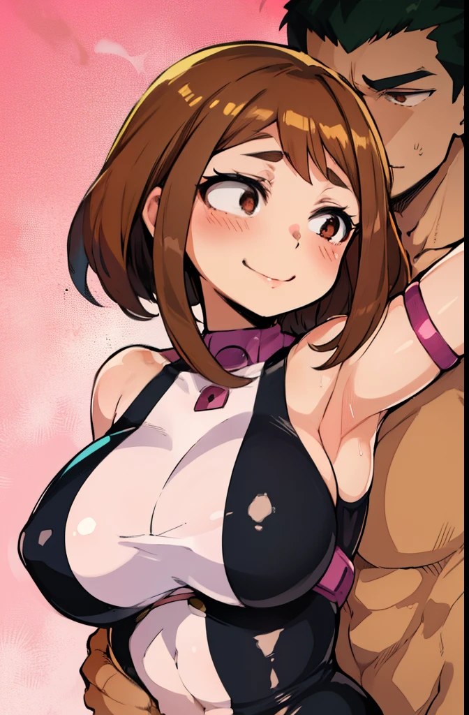 Browsing Caution:1.5,Ochako Uraraka, sorry、My hair is brown.,Naughty smile、 With eyes wide open、Bodysuits, Big Lips, outside, Curvy、((1 muscular boy, a muscular boy is grabbing girl’s breasts from behind))、Overflowing sexual fluid