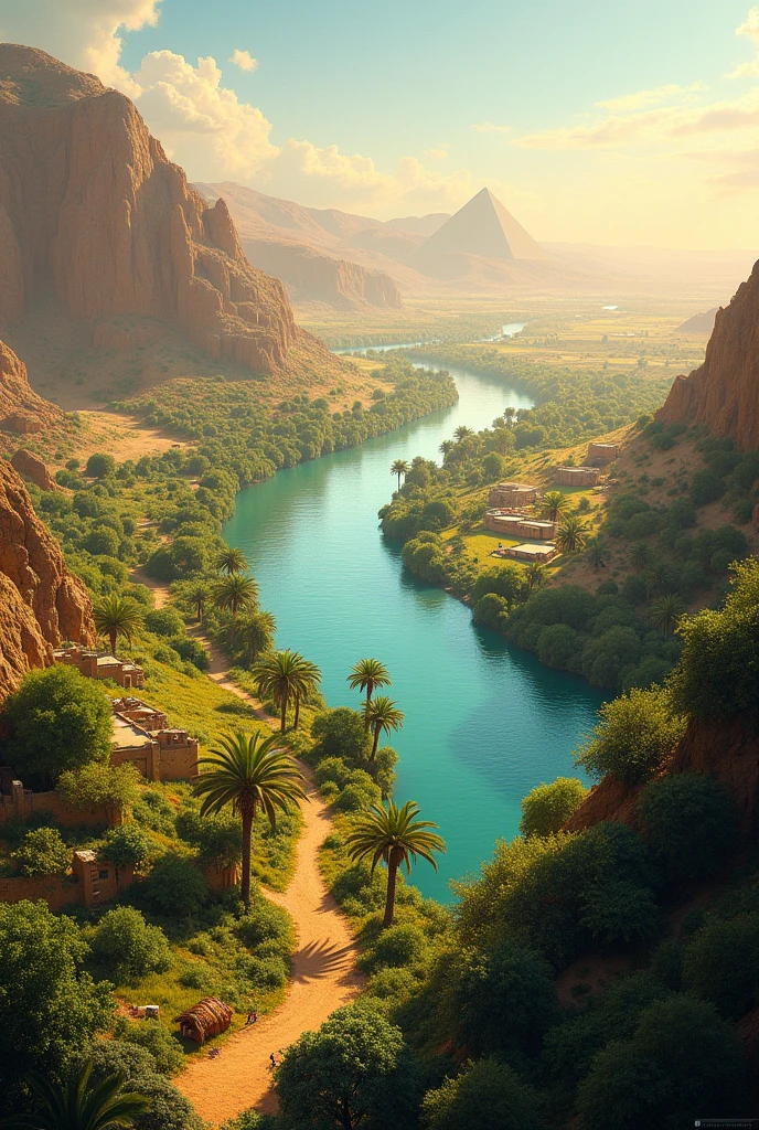 1. Fertile River Valleys:
EXAMPLE: The Nile Valley in Egypt.
Natural Features: Fertile soil and abundant water thanks to the Nile River.
Impact on Human Life: Ancient Egyptian civilizations developed and prospered in this region because of the ease of growing food.. Intensive agriculture in the valley allowed the creation of a complex and long-lasting civilization..
CAN YOU GENERATE A LANDSCAPE IMAGE FOR ME ACCORDING TO THAT INFORMATION?