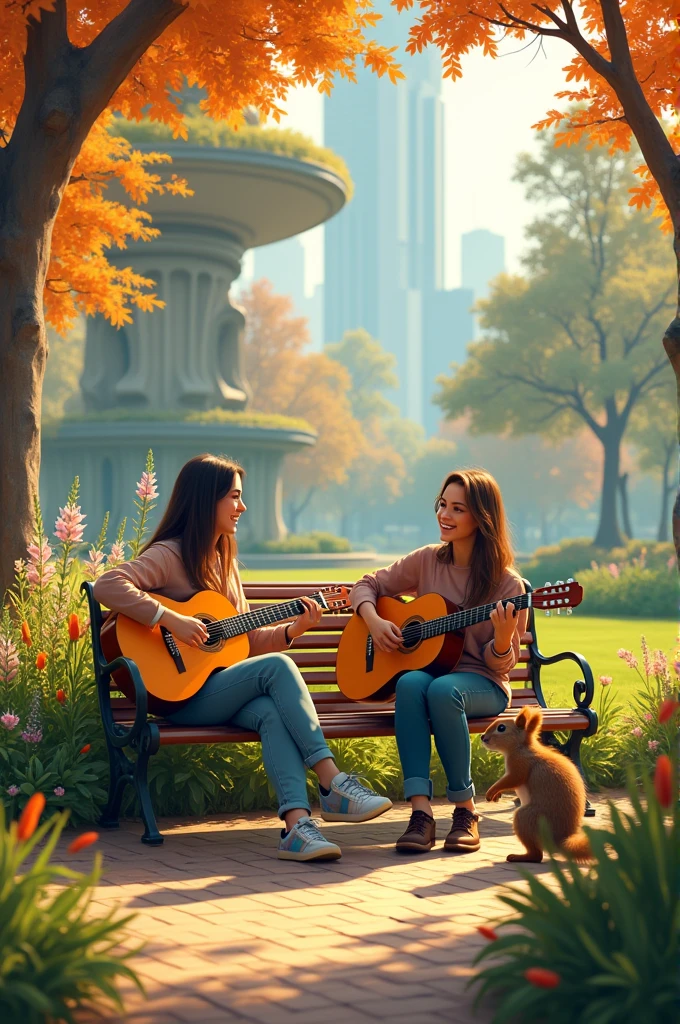 there are two women sitting on a bench playing guitar and a squirrel, in a city park, musician, in a park, park in background, in the park, sangyeob park, with a park in the background, sunny day in a park, autumn season, with a park in the back ground, in a park on an alien planet