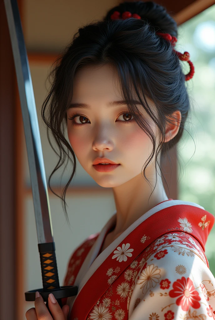 (((Highest quality, 8k, masterpiece: 1.3)), (detailed), Perfect Face, High resolution, Textured skin, Maiden waiter, 25-year-old woman, Hime cut, Japanese sword, kimono, Hakama, From below