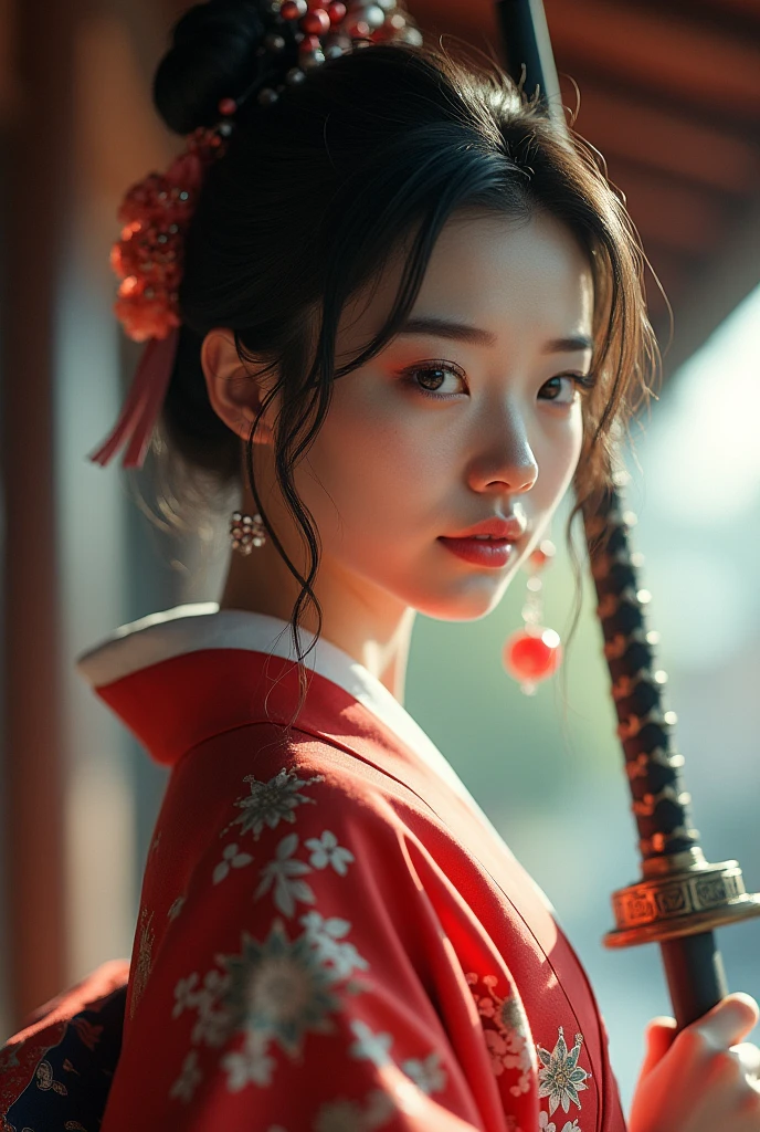 (((Highest quality, 8k, masterpiece: 1.3)), (detailed), Perfect Face, High resolution, Textured skin, Maiden waiter, 25-year-old woman, Hime cut, Japanese sword, kimono, Hakama, From below