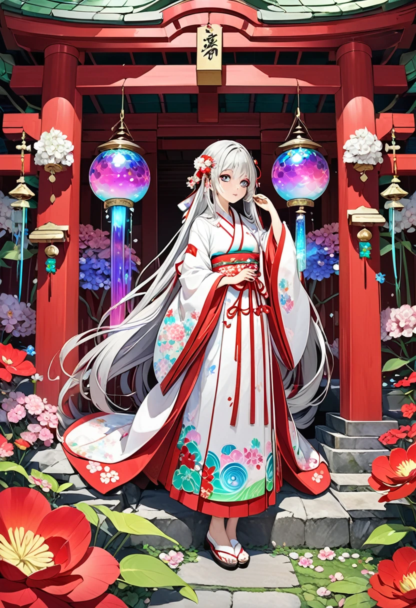 High definition、Shrine maiden、Half vermilion with long silver hair、Full body portrait、beautiful girl、Long-hemmed outfit、Big iridescent eyes、Powerful eyes、Shrine maiden鈴を持ち神楽舞を舞う、Playing with spirits、Flowers sprout from beneath your feet