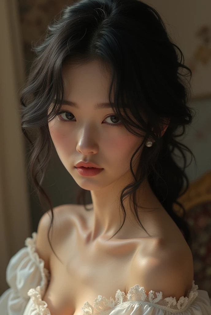 Woman with black hair and delicate face, looking for your slipper to wear