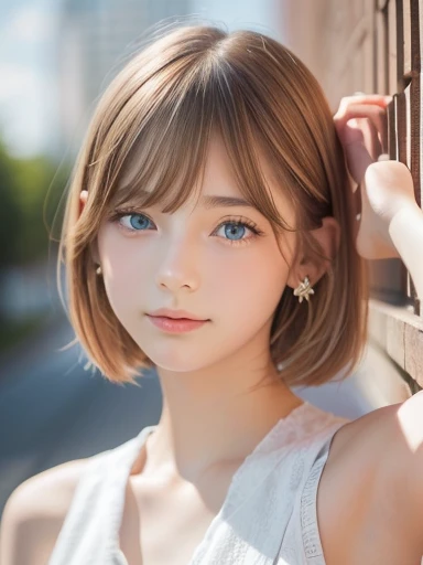 ((sfw: 1.4)), ((detailed face, professional photography)), ((sfw, extra short hair, sidelocks-hair, blond hair, Large, clear sky-blue eyes, earrings, 1 Girl)), Ultra High Resolution, (Realistic: 1.4), RAW Photo, Best Quality, (Photorealistic Stick), Focus, Soft Light, ((15 years old)), (( (young face))), (surface), (depth of field), masterpiece, (realistic), woman, bangs, ((1 girl))