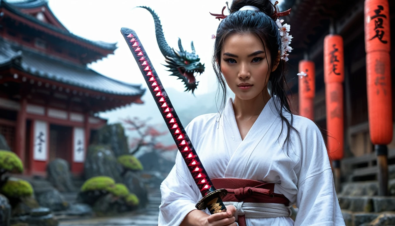 Painting of a woman in a white robe holding a katana and a dragon on the side, in the background ancient city of japan, 8k best quality