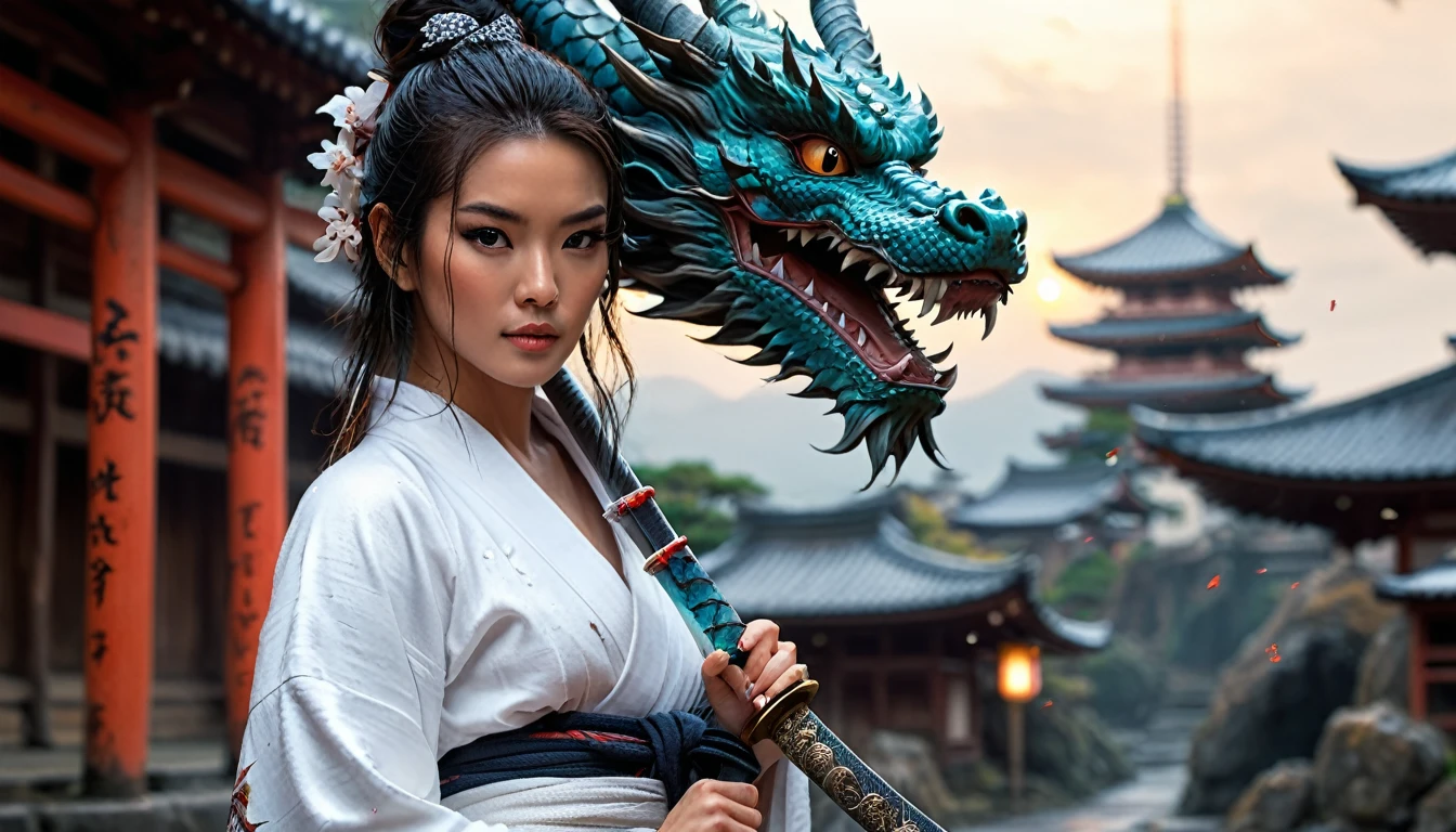 Painting of a woman in a white robe holding a katana and a dragon on the side, in the background ancient city of japan, 8k best quality