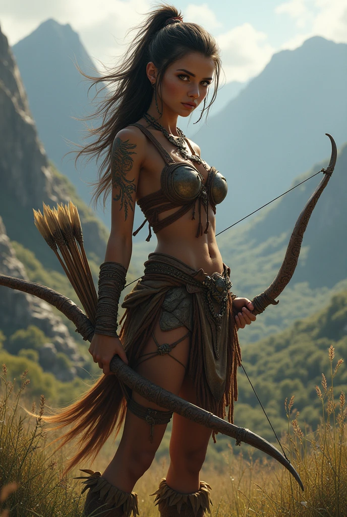 Create a 25 year old female warrior with a bow and arrows in Pangea in fantasy.