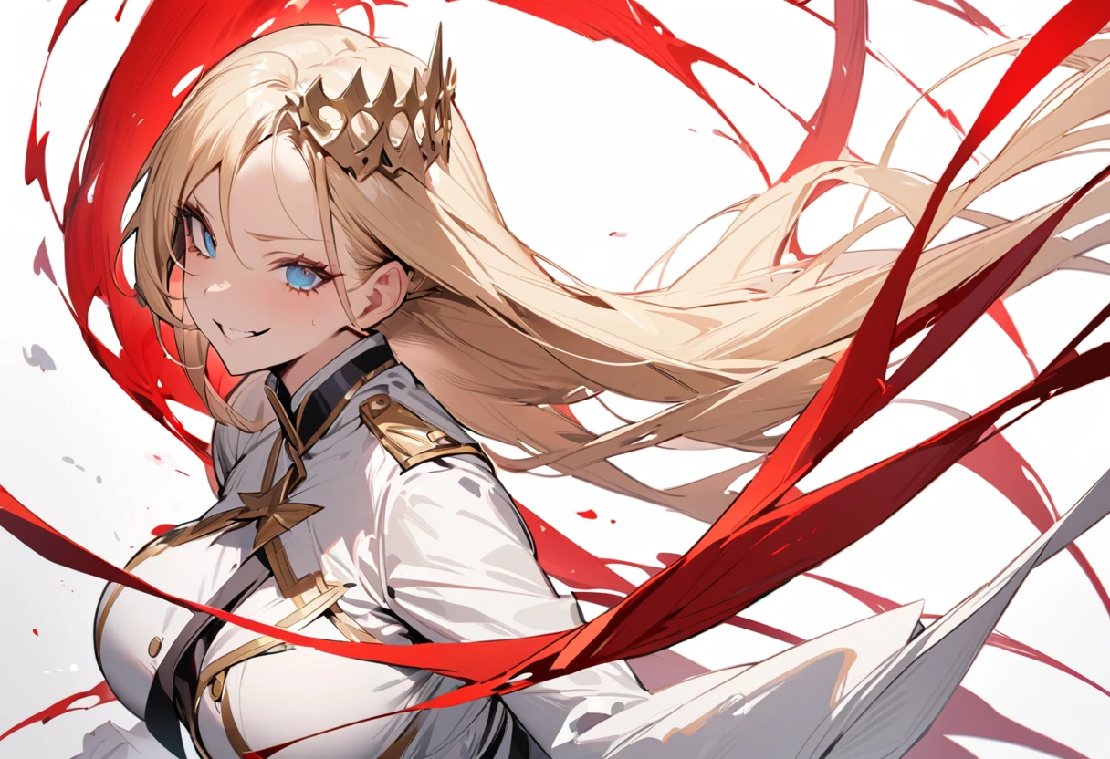 (Standing painting: 1.2) + (1girl:1.5)+ golden hair + princess cut + white knight uniform + detailed eyes and nose + deep blue eyes + white battle uniform + domineering, masterpiece, best quality,evil smile,holy,adult,upper body,dynamic angle,dynamic pose,