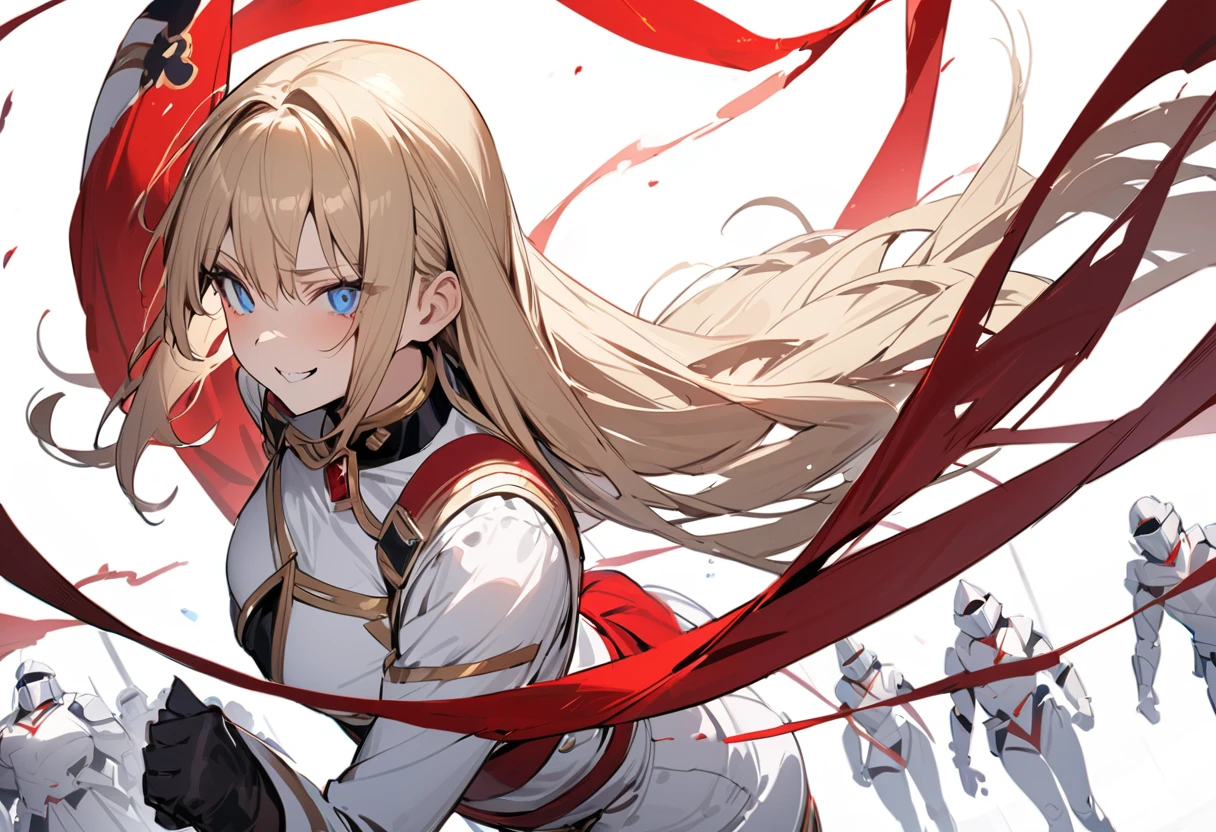 (Standing painting: 1.2) + (1girl:1.5)+ golden hair + princess cut + white knight uniform + detailed eyes and nose + deep blue eyes + white battle uniform + domineering, masterpiece, best quality,evil smile,holy,adult,upper body,dynamic angle,dynamic pose,