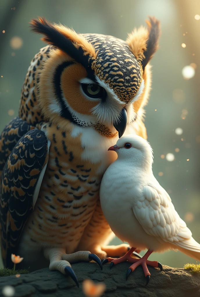 eurasian horned owl and dove kissing