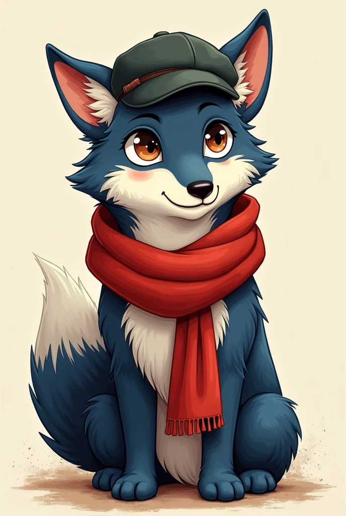 Create a wolf character, tender, drawing style, with a painter's beret and a red scarf, The wolf is dark blue with white, make it look masculine.