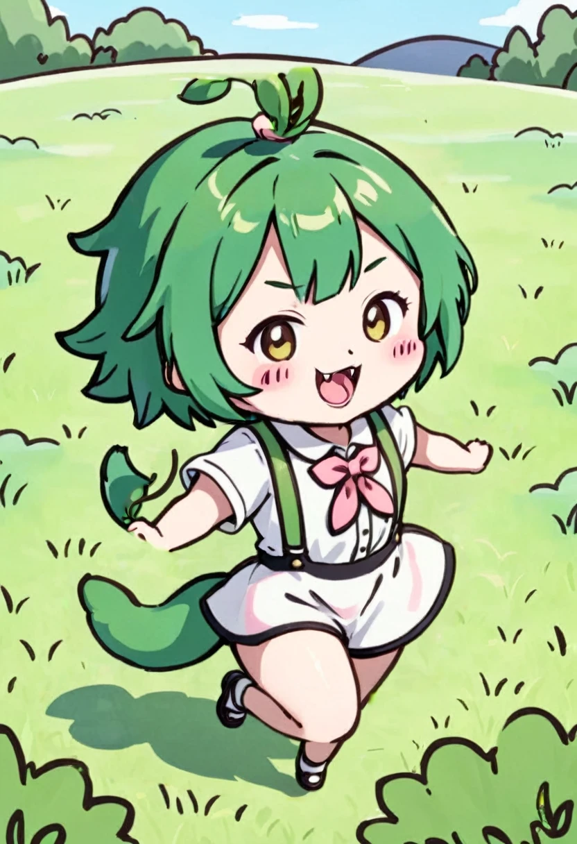 (((tkw))), ((zndmn)), solo, Full body shot, (chibi), green hair, short hair, green clothing, smile, outdoors, field, A hair tail secured with a pink hair tie, open mouth, long fang, White short-sleeved blouse, green suspenders attached to green short half pants, A very short pink ribbon tie adorned with a single edamame, Edamame-shaped ear accessory, (Two heads tall)