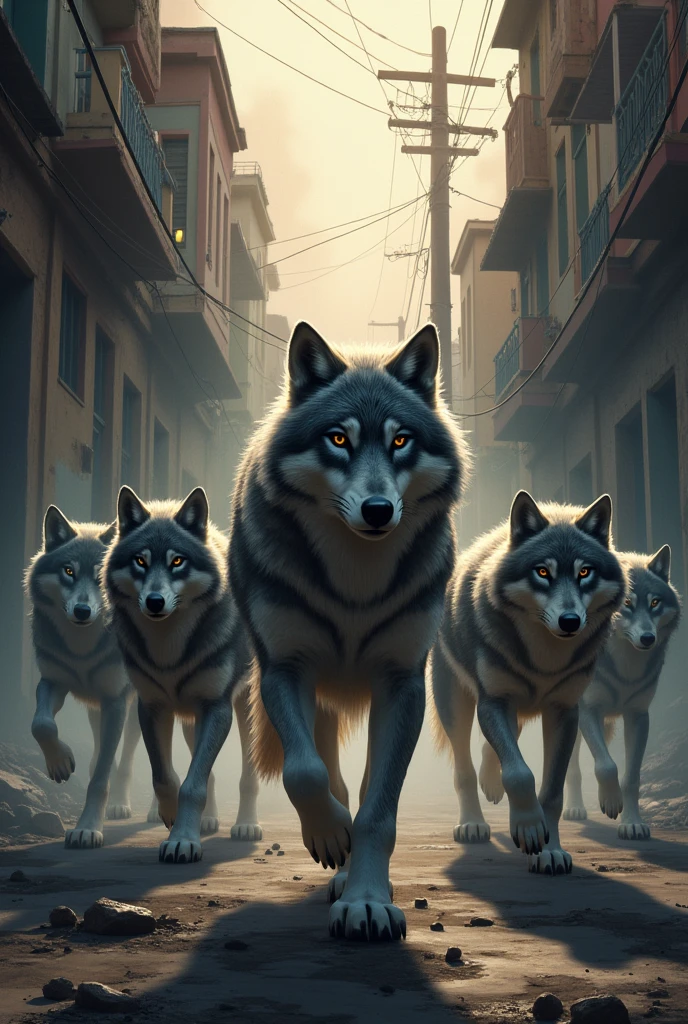 Pack of 7 wolves on a favela street, with alpha wolf leading, twilight wolves style 