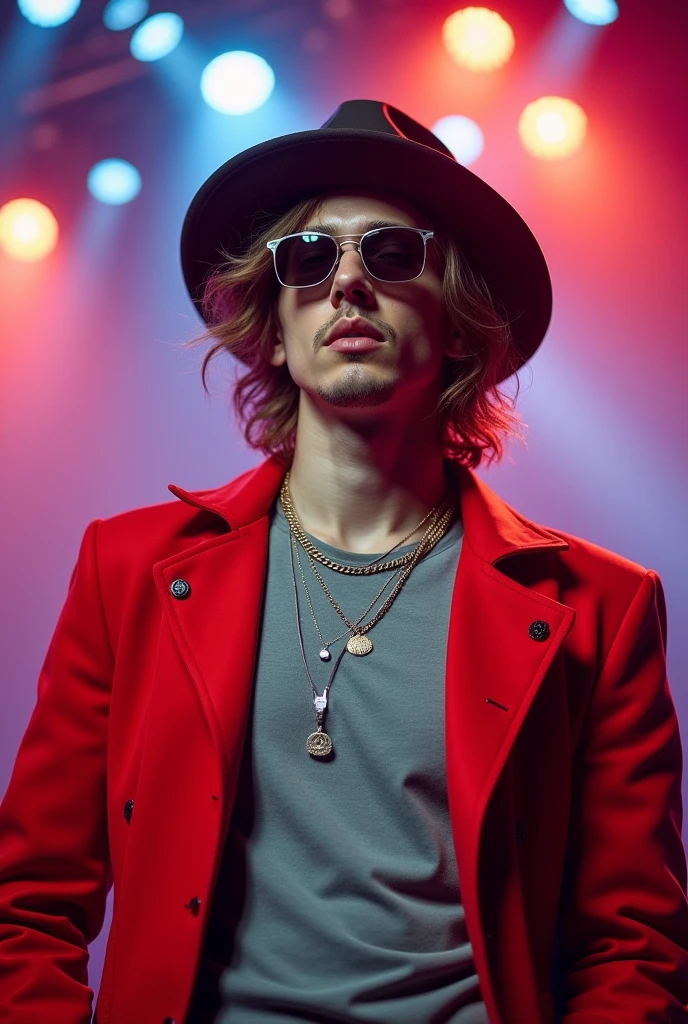 light white skinned singer wearing a grey t-shirt with a red jacket with a hat and sunglasses